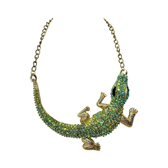 Huge Jeweled Green Lizard Pendant Statement Necklace - Picture 1 of 13